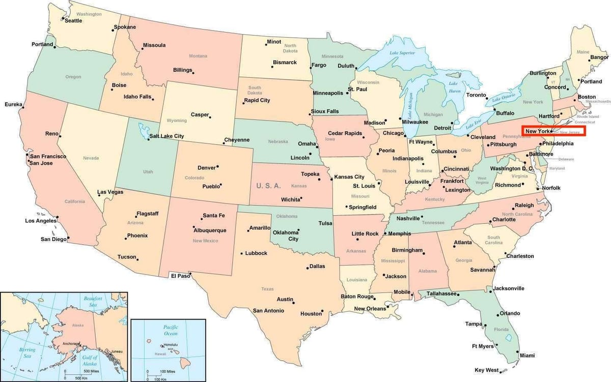 De New York sur une carte de l'amérique